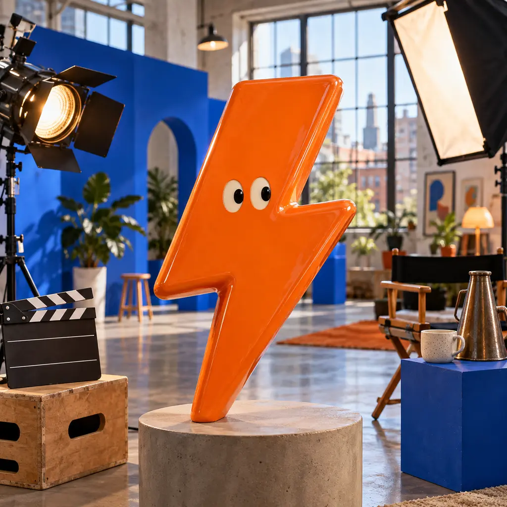 An orange lightning-bolt character on a stone plinth, lit by a film lamp against a blue set.
