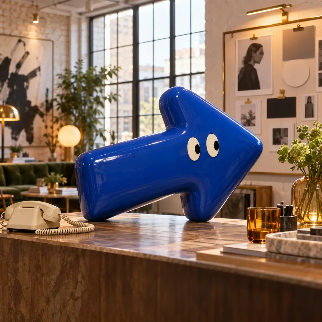 A deep blue arrow character on a reception counter, beside a cream telephone.