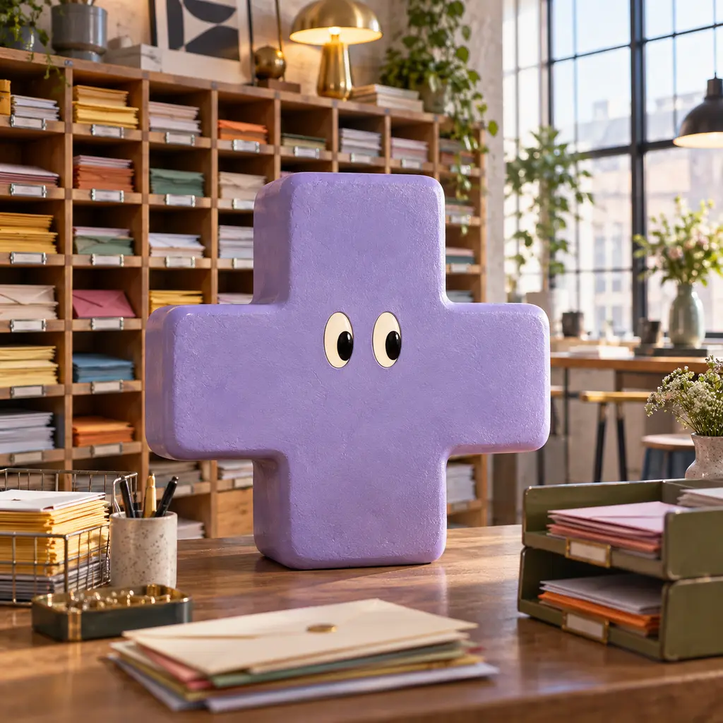 A lilac cross character on a desk in a room lined with pigeonhole shelving.