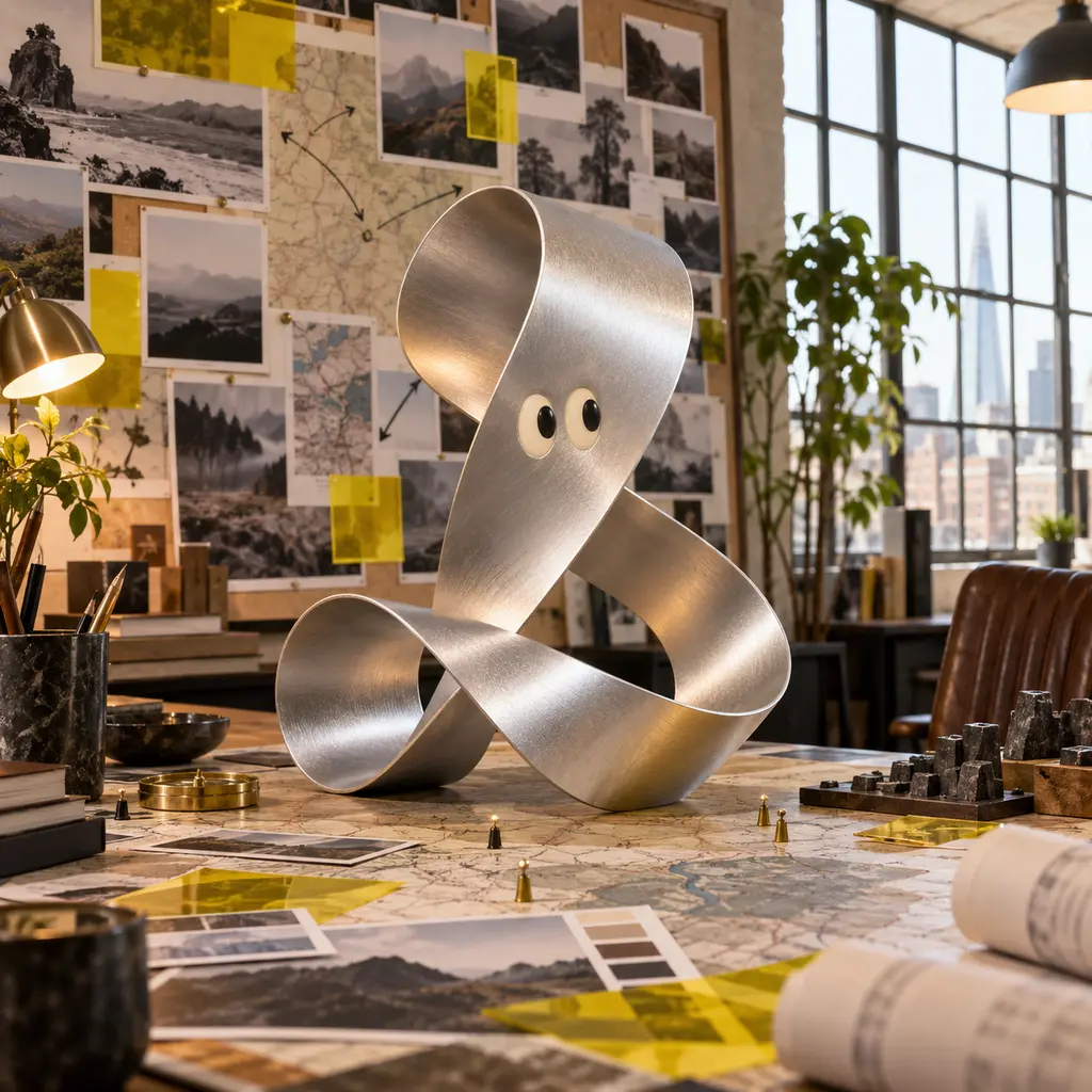 A brushed-steel ribbon sculpture with cartoon eyes, on a studio table covered in photographs and layouts.