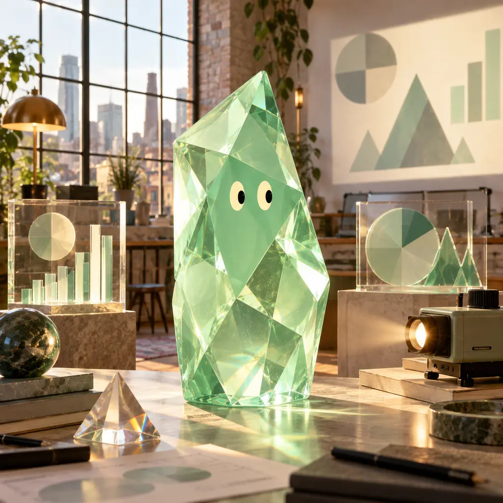 A green crystal character in a studio, surrounded by glass charts and prisms.