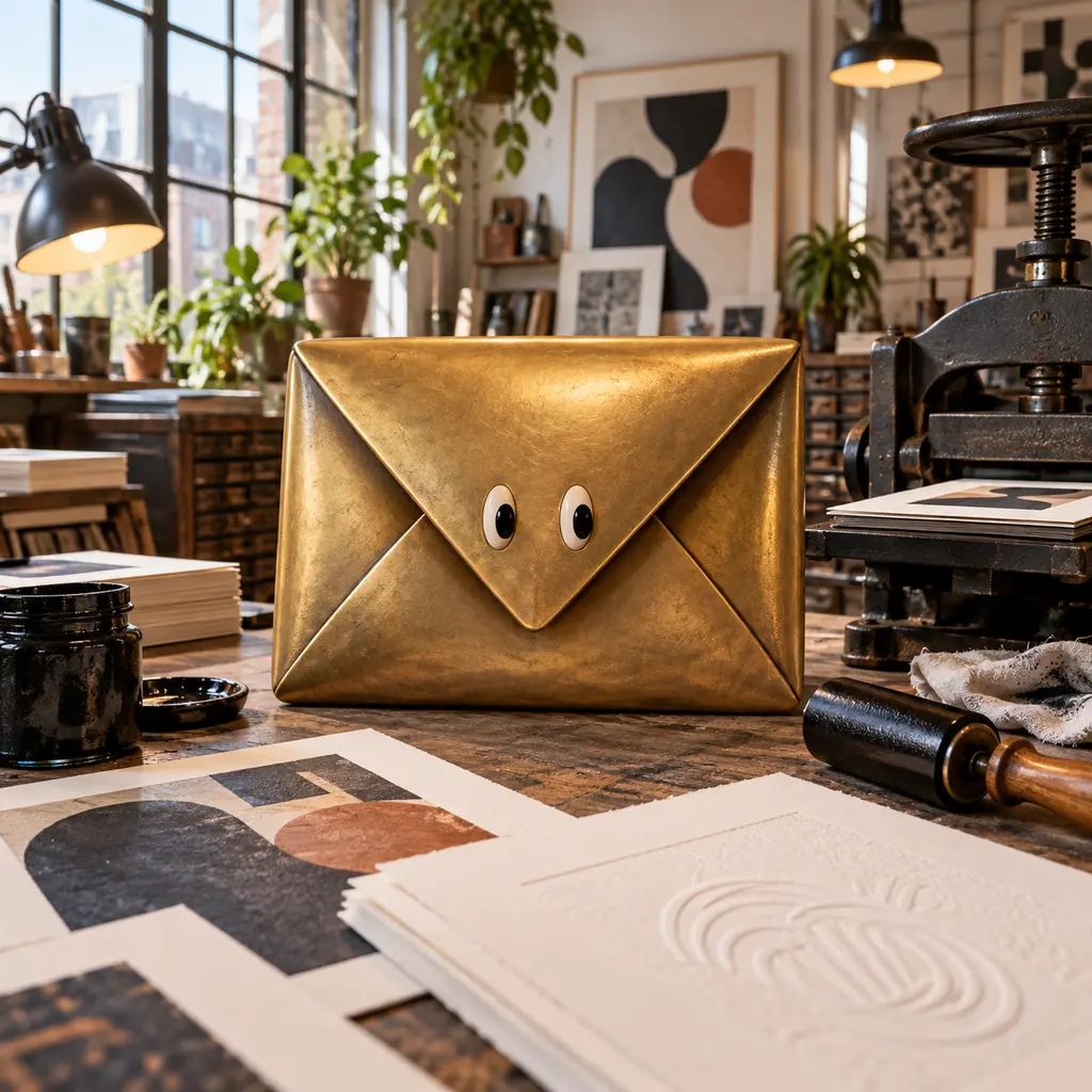 A gold envelope character on a printing bench, beside a press and embossed sample sheets.