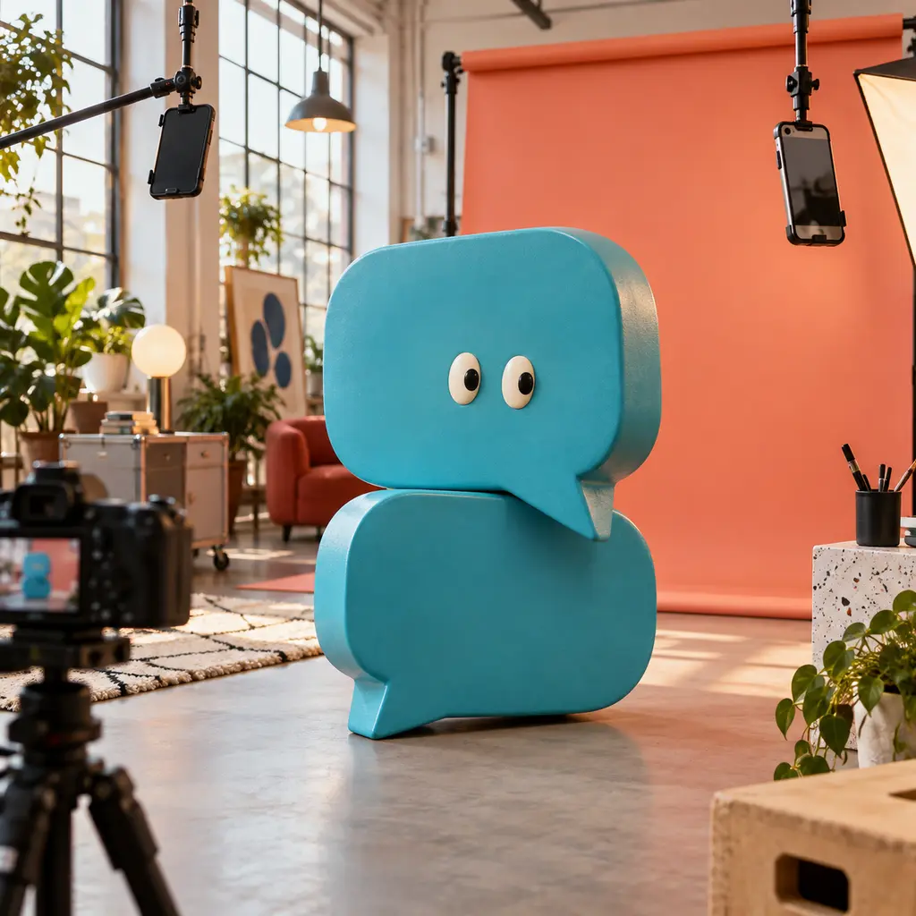 A teal double speech-bubble character in a photo studio, in front of a coral backdrop and a camera.