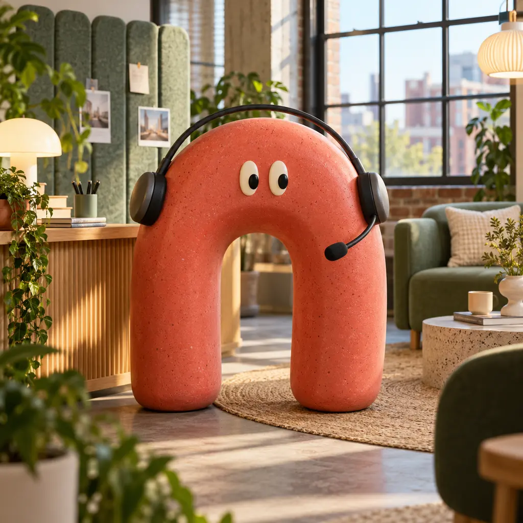 A coral arch character wearing a headset, in a soft-furnished lounge with plants.