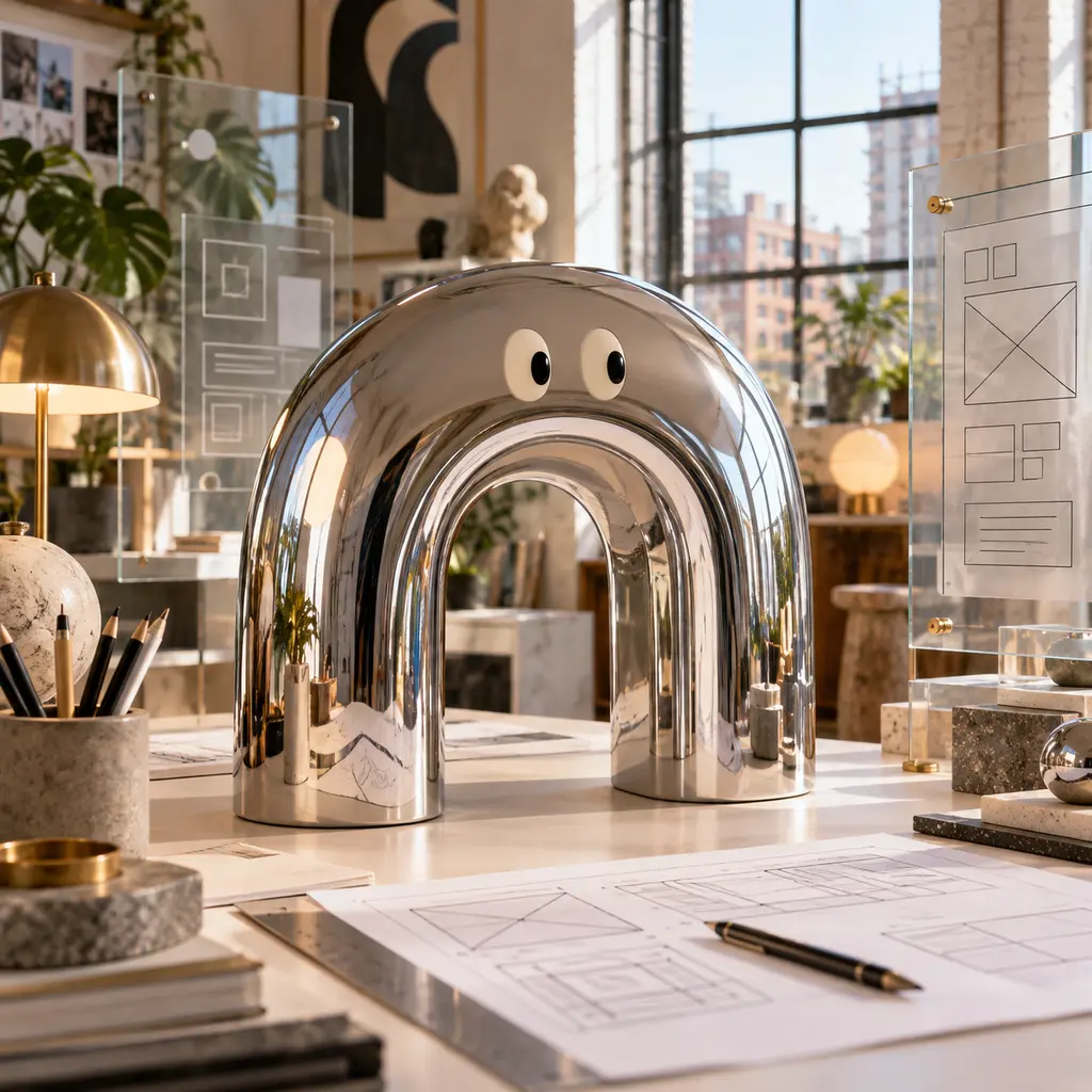 A chrome arch character on a drawing desk, beside pencils, plans and a glass wireframe panel.