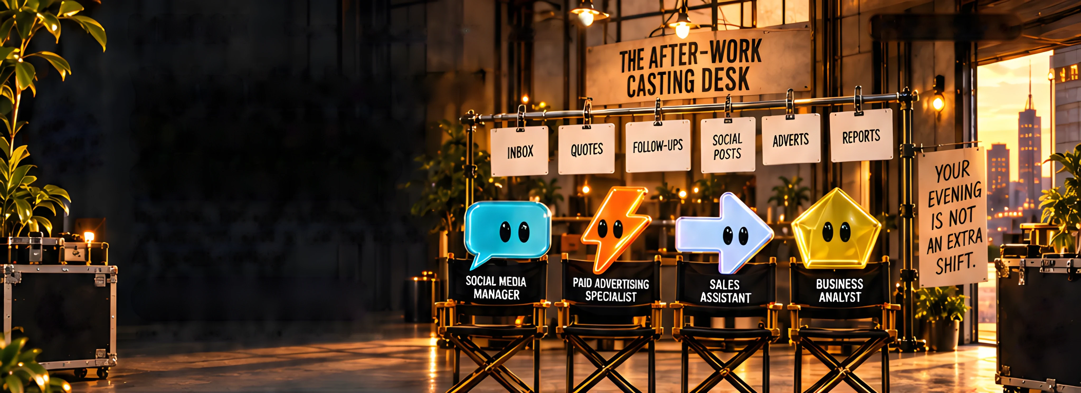 An evening studio: four character figures — a blue speech bubble, an orange lightning bolt, a pale blue arrow and a yellow pentagon — on director's chairs labelled Social Media Manager, Paid Advertising Specialist, Sales Assistant and Business Analyst. A sign reads The After-Work Casting Desk, with cards hanging above marked Inbox, Quotes, Follow-ups, Social posts, Adverts and Reports. Notices read “Your evening is not an extra shift.” and “Same business. Brighter evenings.”