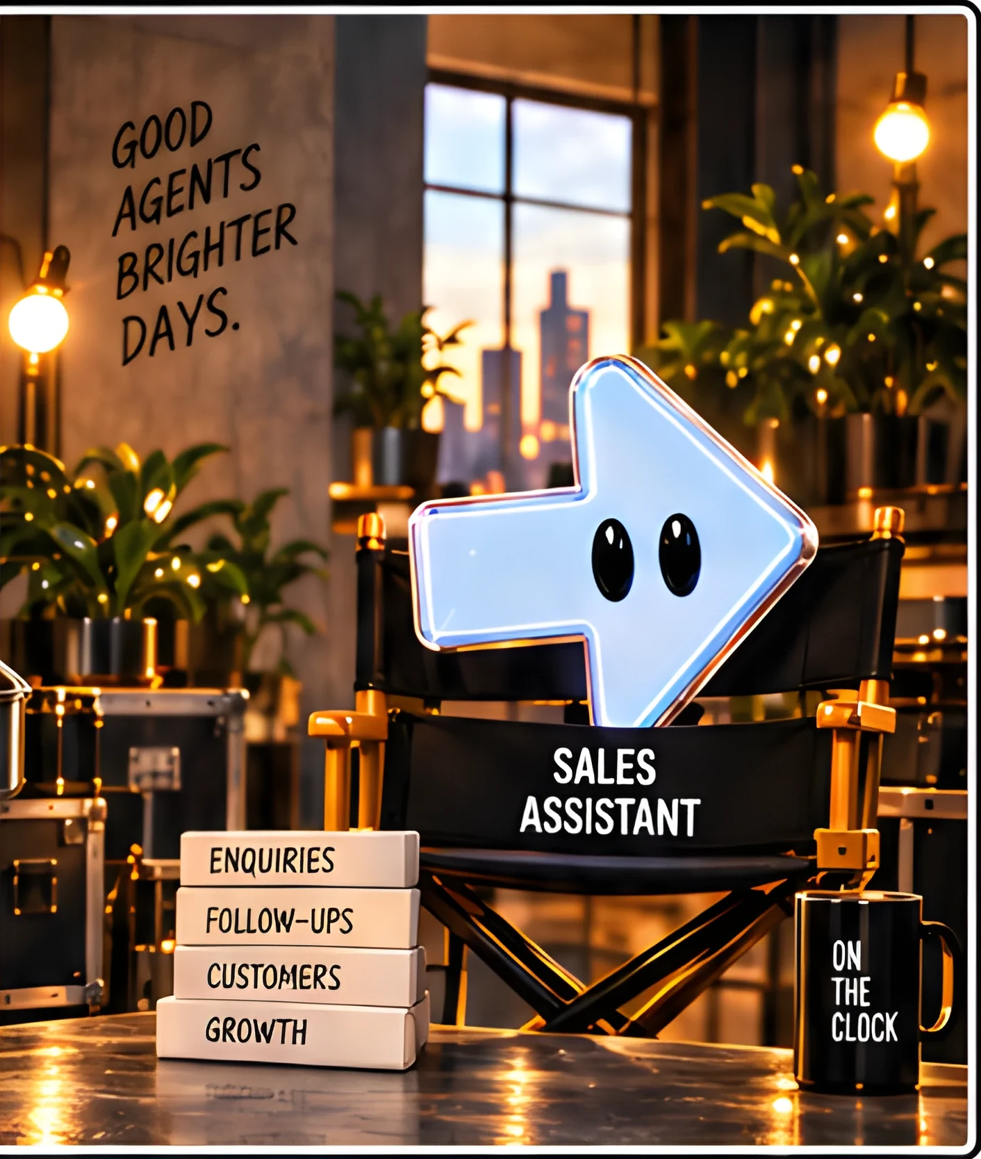 A pale blue arrow character on a director’s chair labelled Sales Assistant, in a studio at dusk. A chalk board reads “Good agents brighter days.” and stacked boxes read Enquiries, Follow-ups, Customers and Growth, beside a mug printed On the Clock.