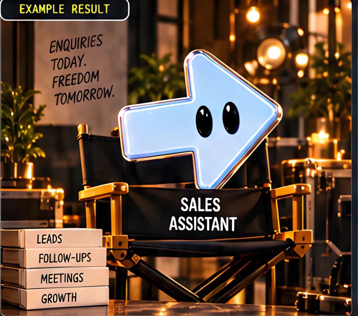 Captioned “Example result”: a pale blue arrow character on a director's chair labelled Sales Assistant. A card behind reads “Enquiries today. Freedom tomorrow.” and stacked boxes read Leads, Follow-ups, Meetings and Growth.
