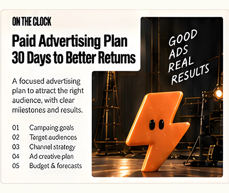 A printed advertising plan headed “30 Days to Better Returns”, listing campaign goals, target audiences, channel strategy, ad creative and budget.