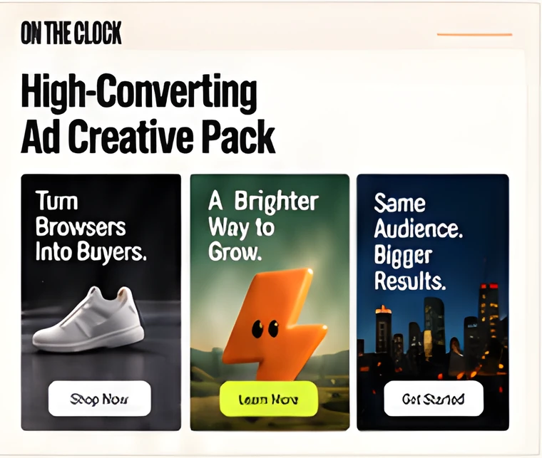 A printed pack of three sample advert designs with headlines and call-to-action buttons.