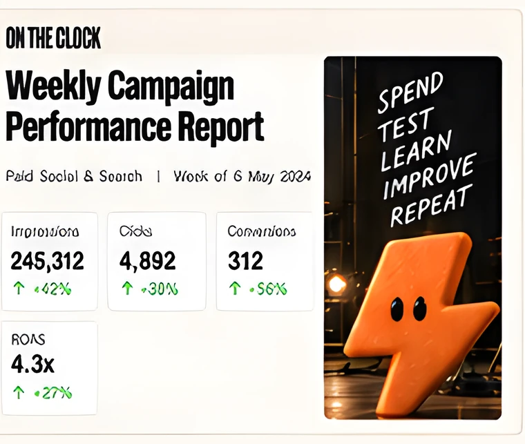 A weekly campaign report showing impressions, clicks, conversions and return on ad spend.