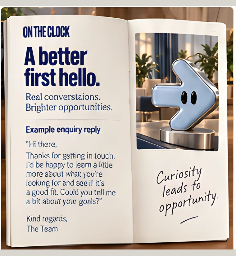 A booklet headed “A better first hello” showing an example reply to a new enquiry.