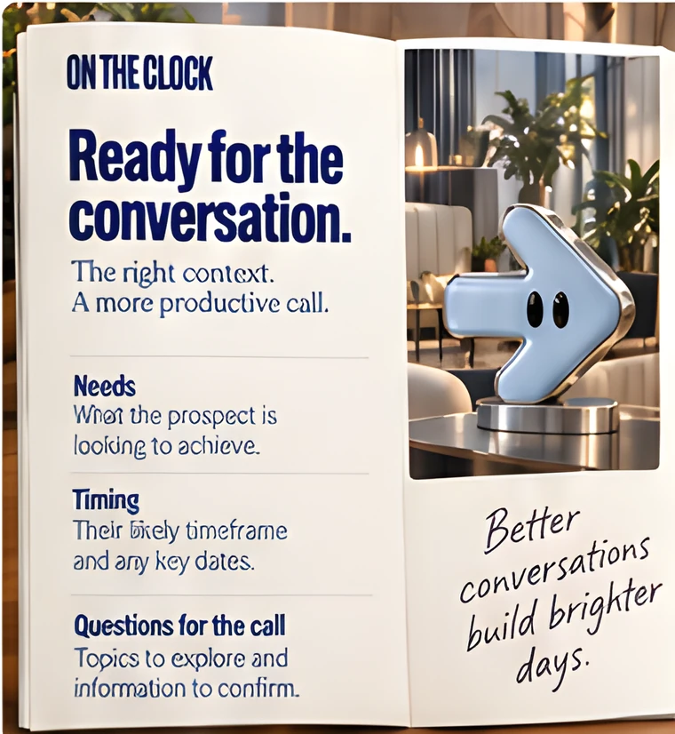 A meeting brief covering the prospect’s needs, timing and questions for the call.