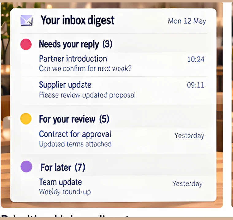 An inbox digest grouping messages into needs your reply, for your review and for later.
