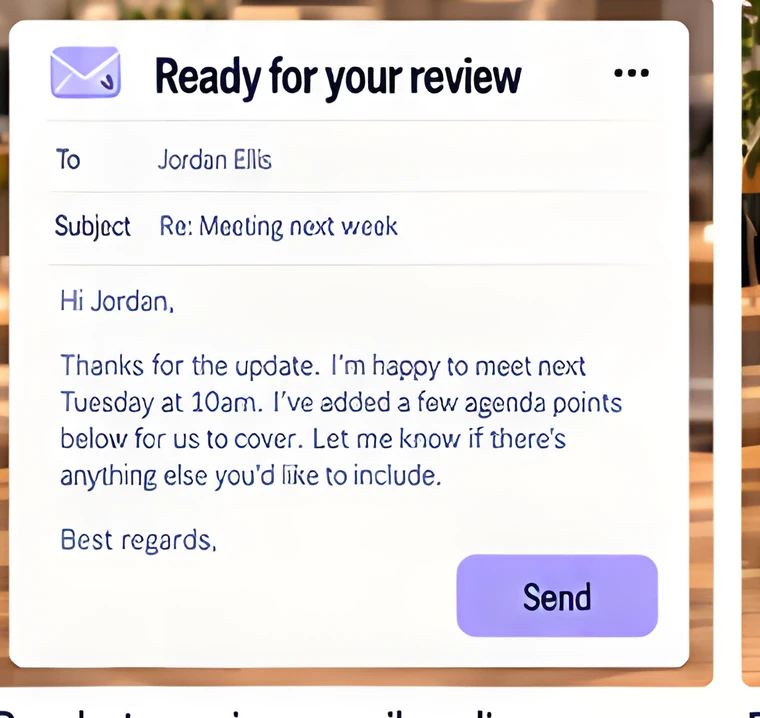 A drafted email reply prepared for review before sending.
