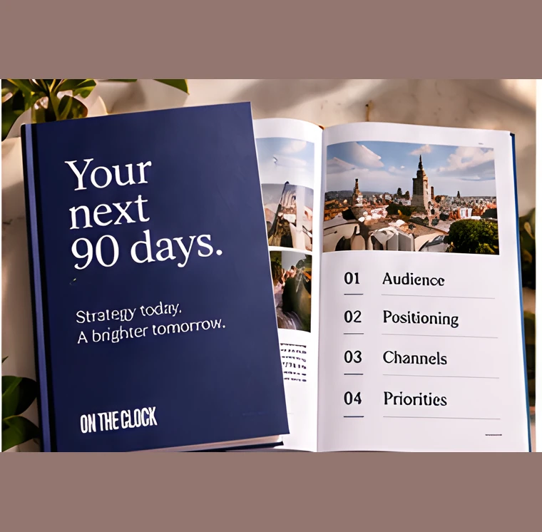 A printed marketing plan titled “Your next 90 days”, opened to a contents page listing audience, positioning, channels and priorities.