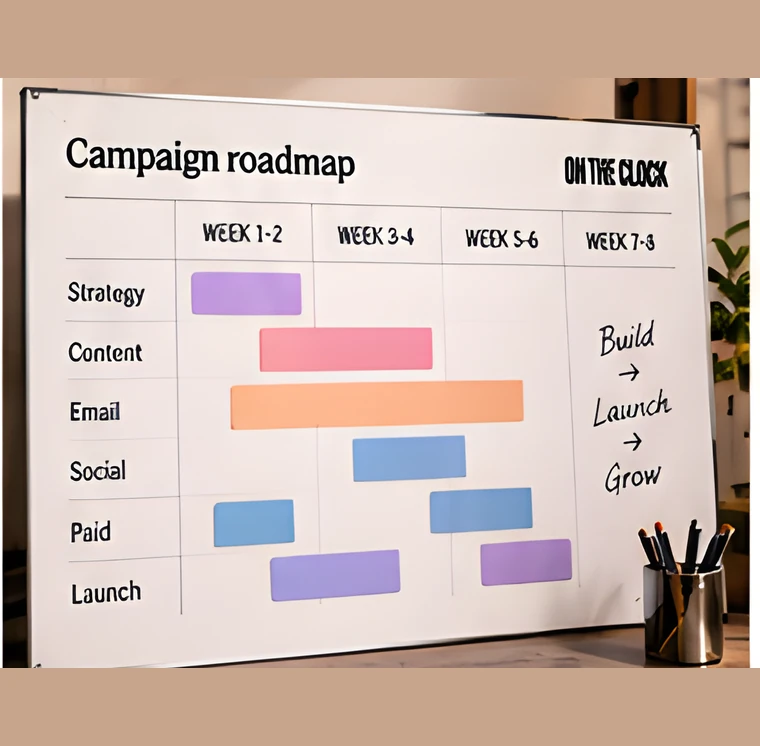 A campaign roadmap board mapping strategy, content, email, social, paid and launch across eight weeks.