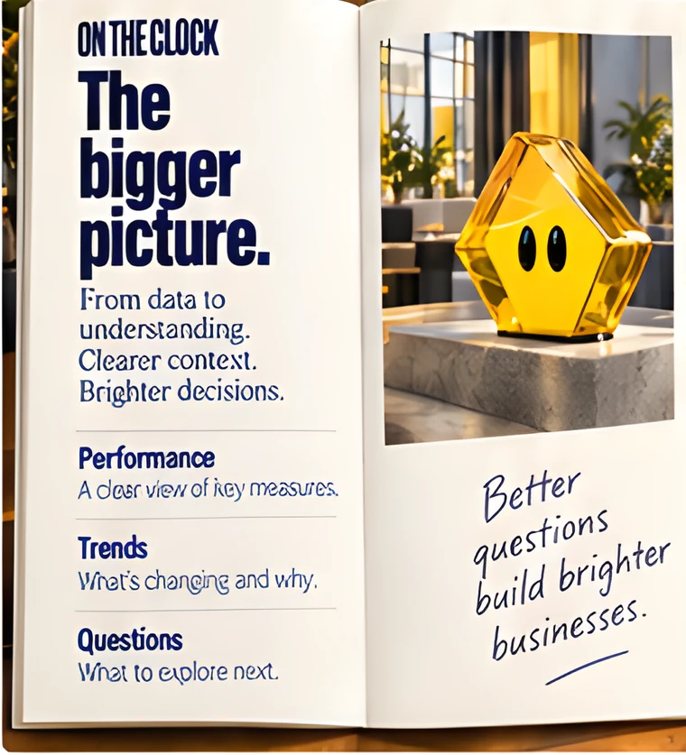 An open brochure headed “The bigger picture”, listing performance, trends and questions.