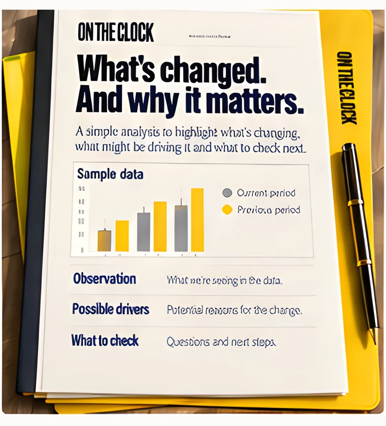 An open brochure headed “What’s changed. And why it matters.”, showing a sample chart and observations.