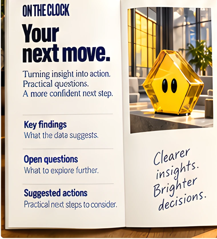 An open brochure headed “Your next move”, listing key findings, open questions and suggested actions.