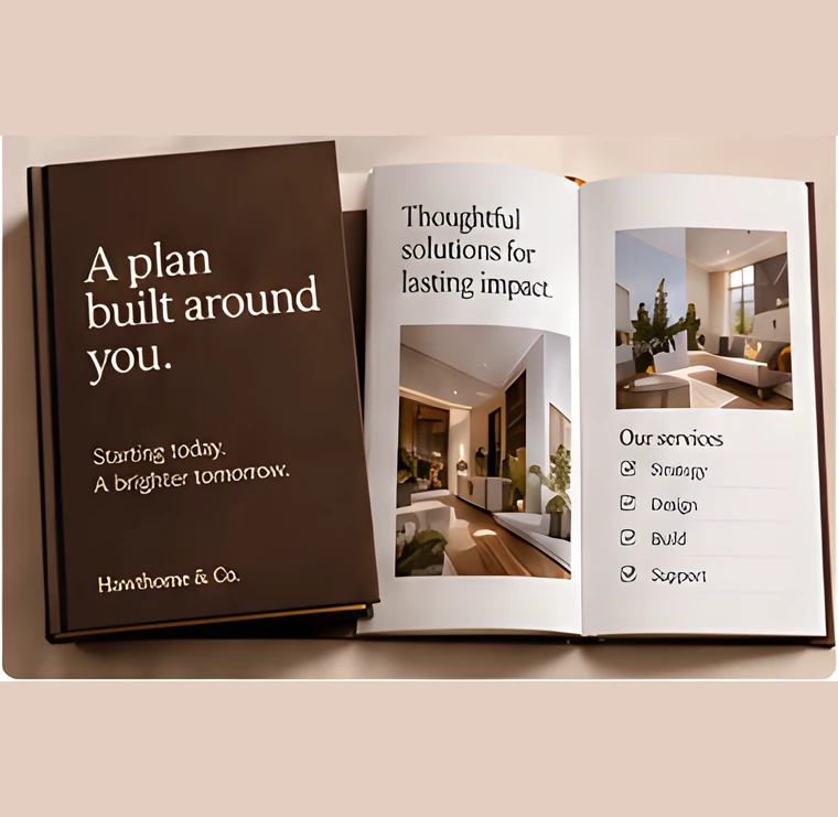 A printed client proposal opened to a page headed “Thoughtful solutions for lasting impact”, listing the services offered.