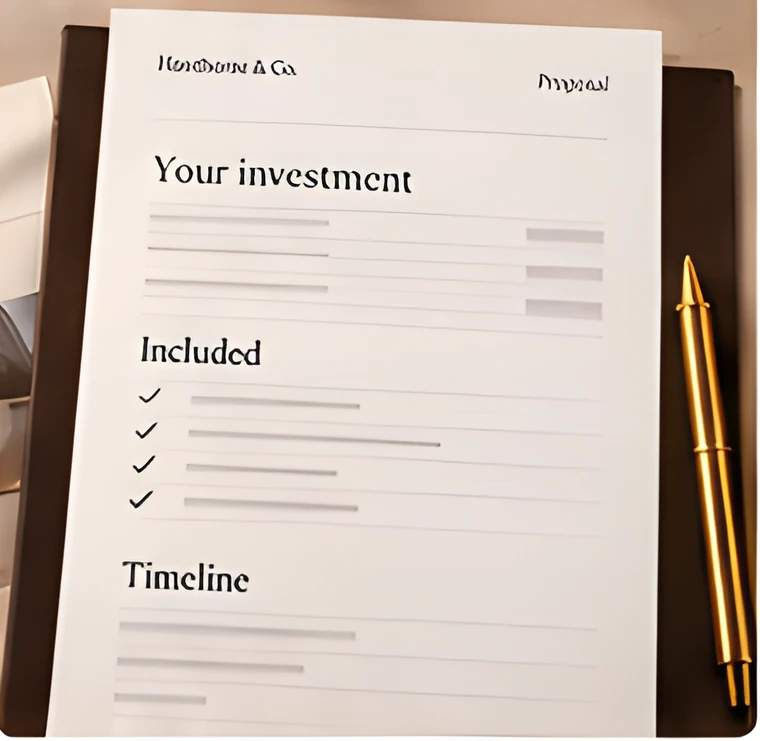 A printed quote headed “Your investment”, with what is included and a timeline.