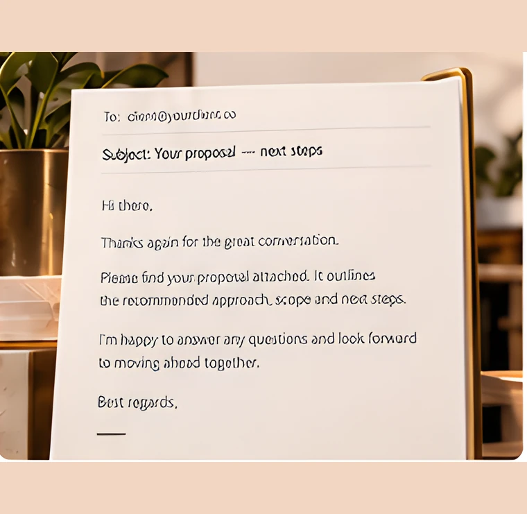 A drafted follow-up email attaching the proposal and offering to answer questions.