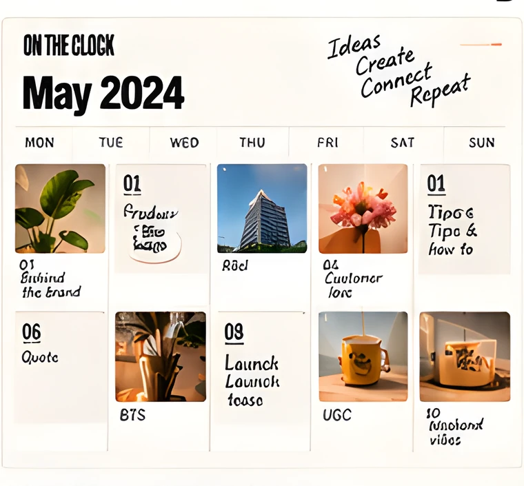 A printed monthly content calendar with a thumbnail and short label for each planned post.