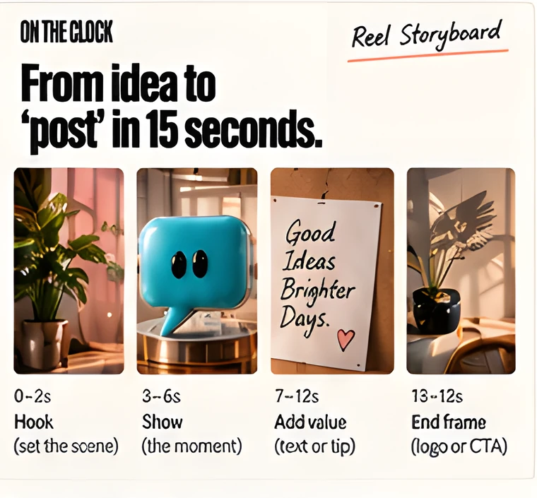 A reel storyboard breaking a fifteen-second video into hook, moment, value and end frame.