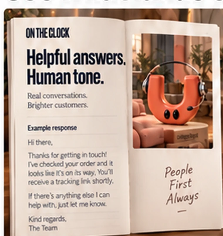 A printed booklet headed “Helpful answers. Human tone.” showing an example reply to a customer.