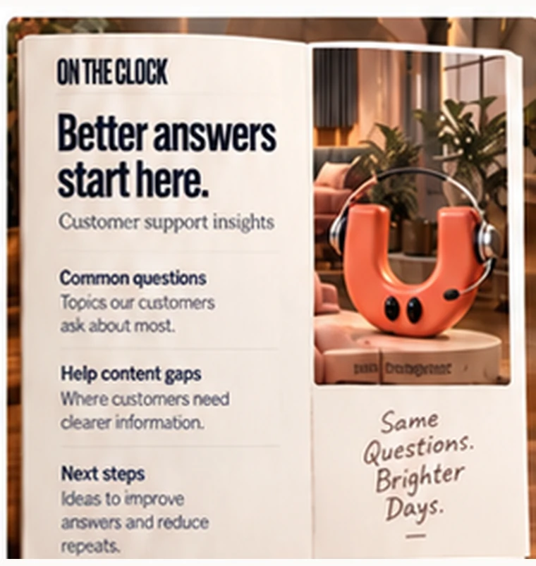 A support insights booklet listing common questions, gaps in the help content and suggested next steps.
