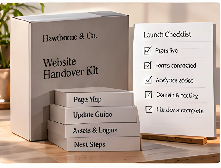A printed handover kit with a page map, update guide, assets and a launch checklist.