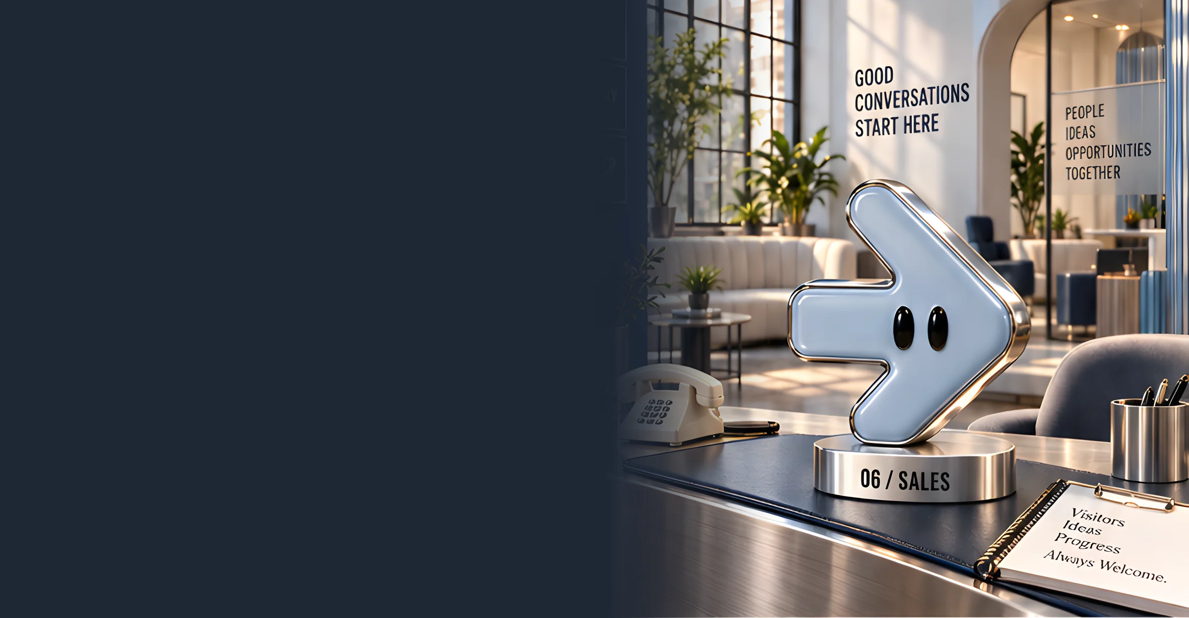 A pale blue arrow character on a plinth on a reception desk, in a bright office with a telephone and a visitors book.