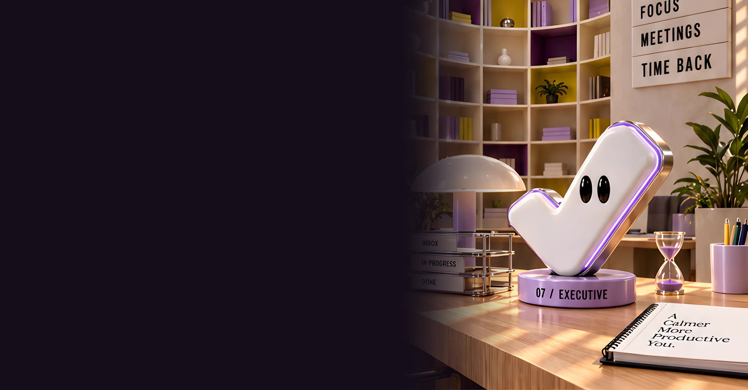 A white tick-shaped character on a plinth on a sunlit desk, beside a filing tray, a lamp and an hourglass.