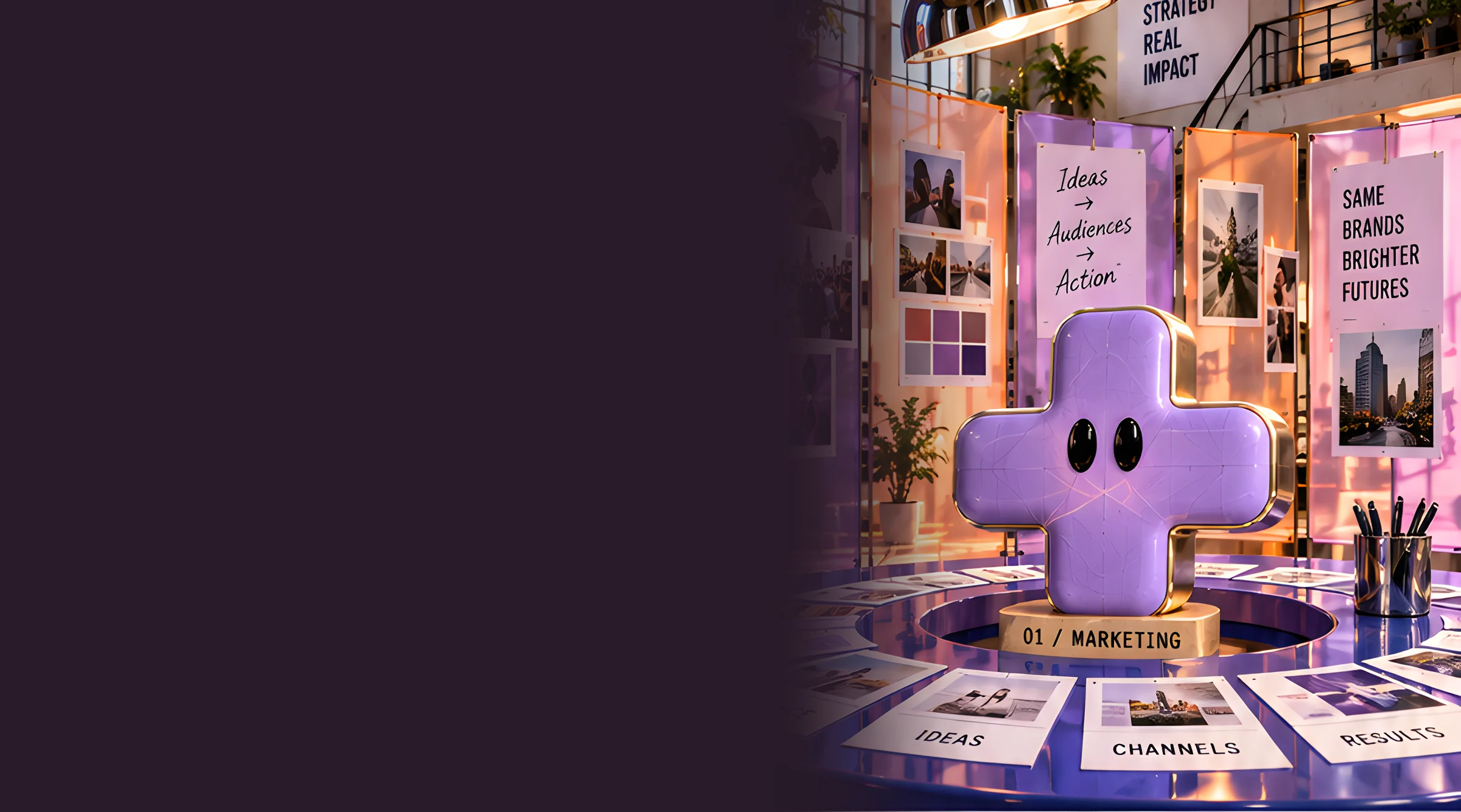 A lilac cross-shaped character on a plinth in a warm studio, surrounded by hanging moodboards, photographs and colour swatches.