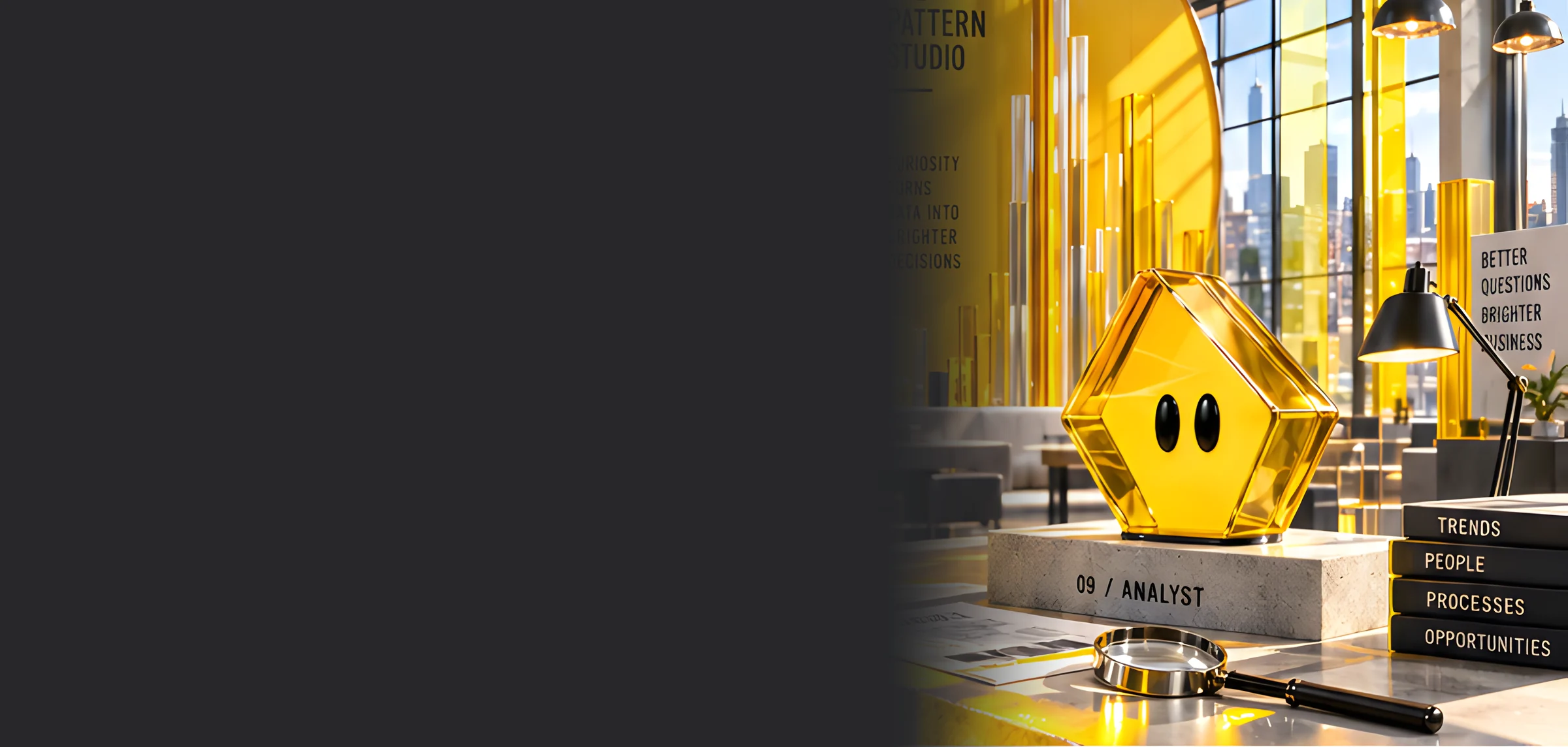 A yellow crystal character on a plinth in a gold-toned data studio, beside a magnifying glass and books labelled trends, people, processes and opportunities.
