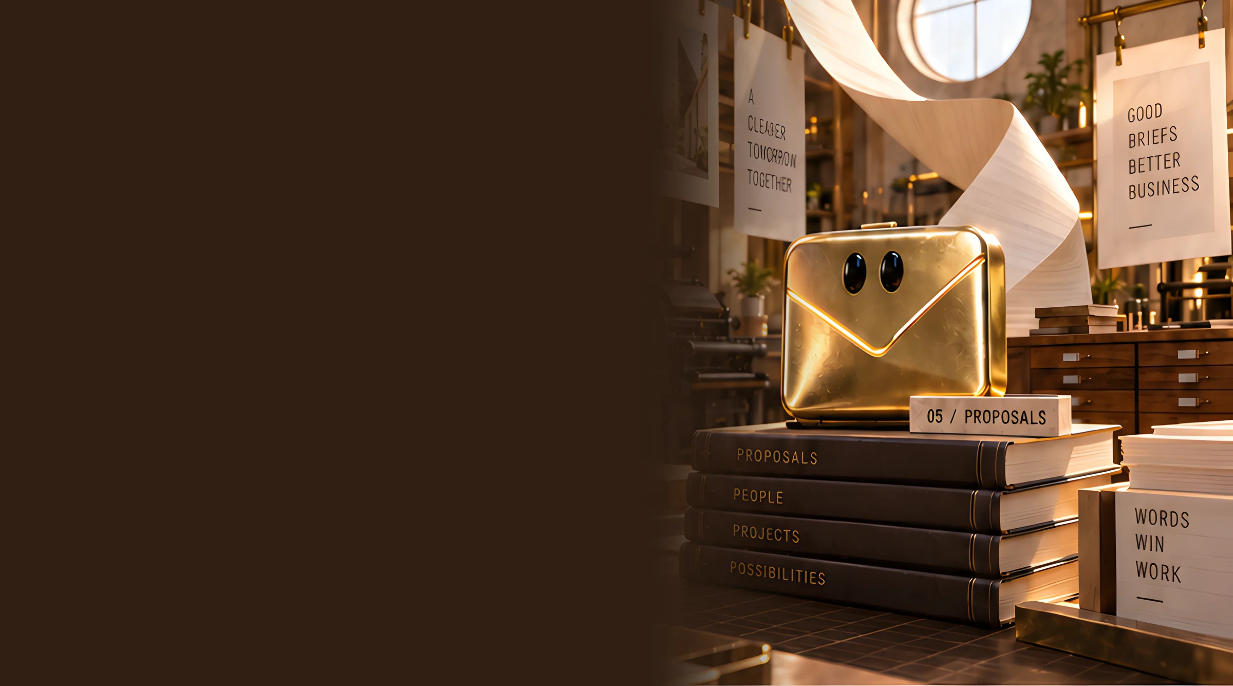 A gold envelope character on a stack of books in a warm print studio, with proposal pages hanging above a press.