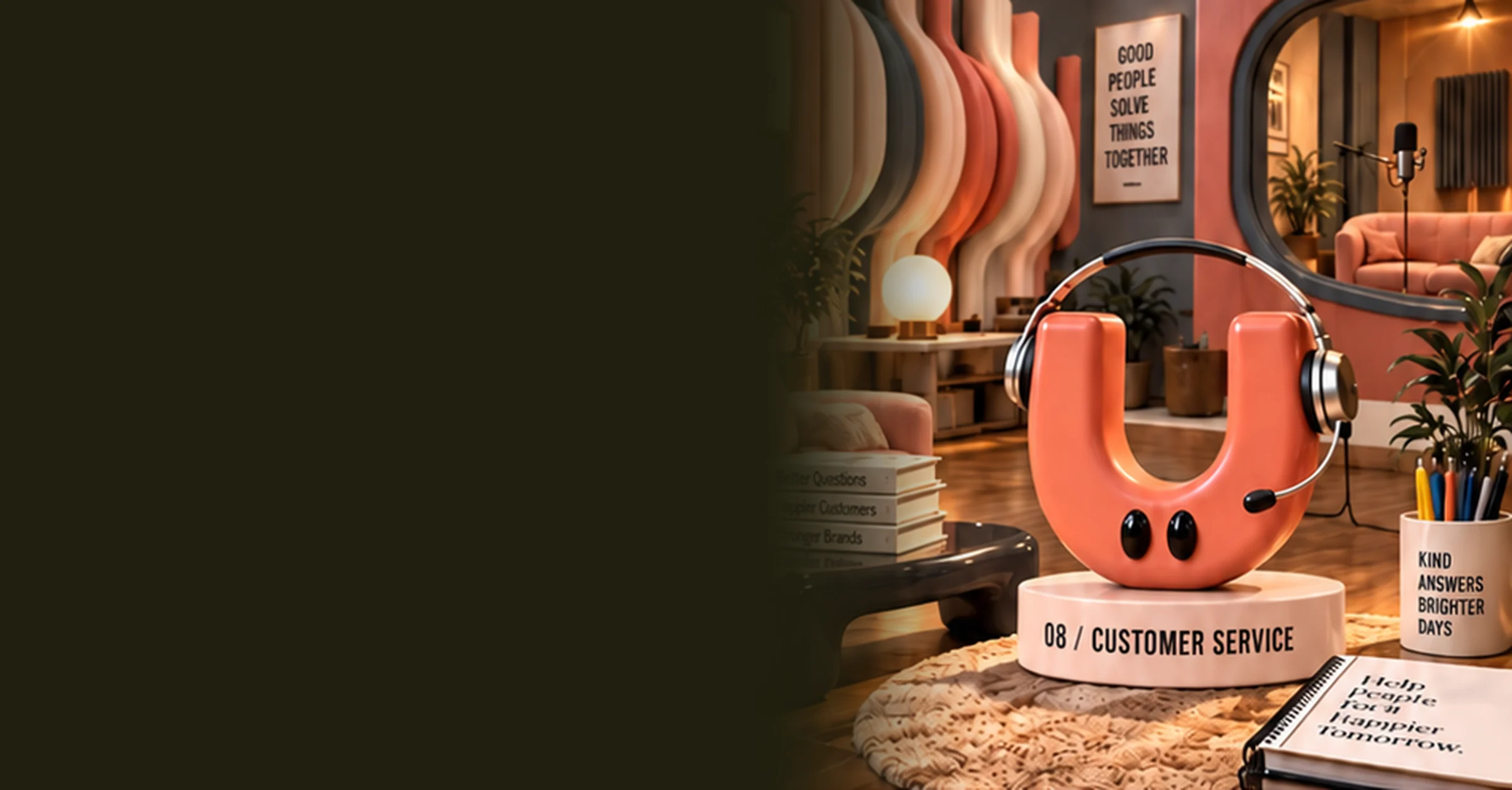 A coral arch character wearing a headset, on a plinth in a warm lounge-style support studio.