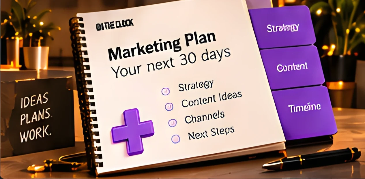 A notebook headed “Marketing Plan — Your next 30 days”, with tabs for Strategy, Content and Timeline and a checklist reading Strategy, Content Ideas, Channels and Next Steps.