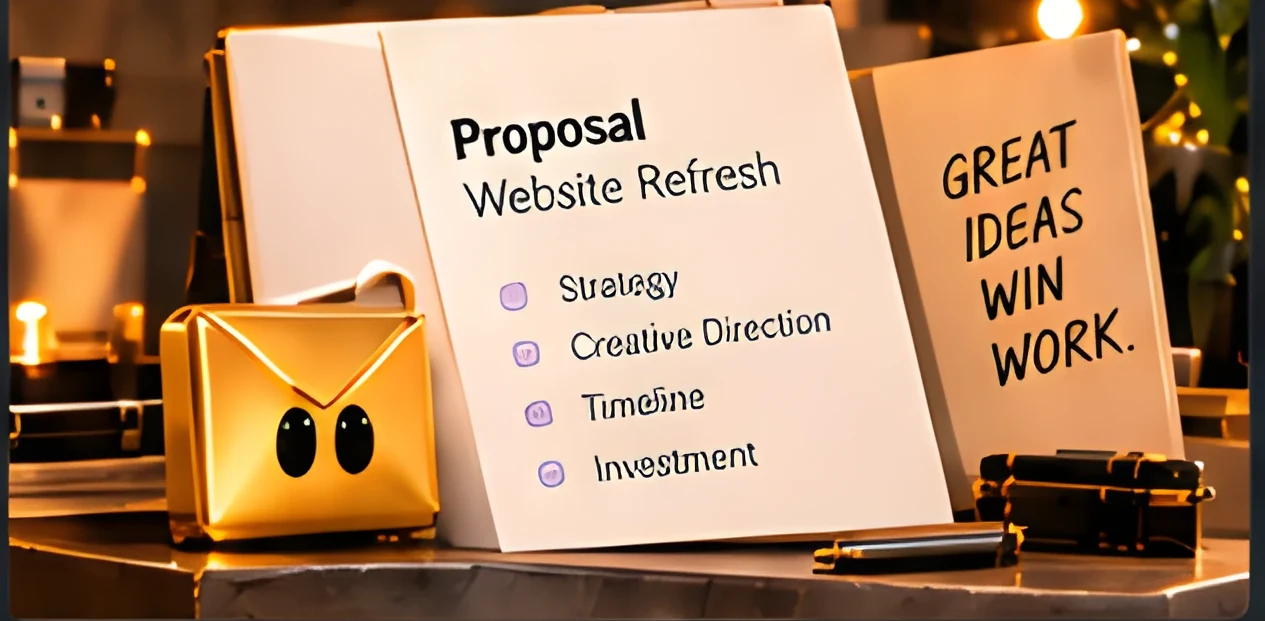 A printed proposal headed “Proposal — Website Refresh”, listing Strategy, Creative Direction, Timeline and Investment, beside a card reading “Great ideas win work.”