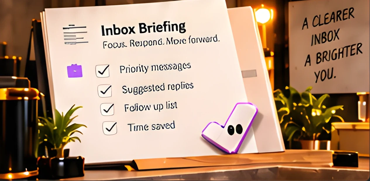 A notebook headed “Inbox Briefing — Focus. Respond. Move forward.” with ticked items Priority messages, Suggested replies, Follow up list and Time saved, beside a card reading “A clearer inbox. A brighter you.”