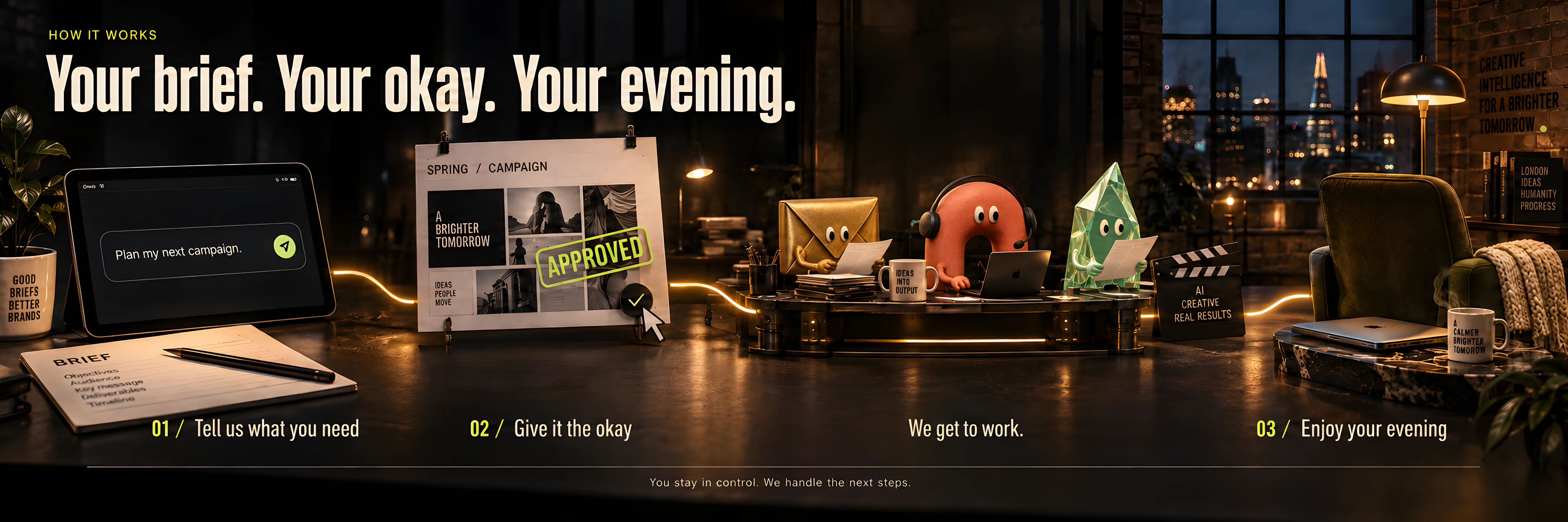 How it works: tell us what you need, give it the okay, and enjoy your evening. The gold Proposal Writer, coral Customer Service Rep and green Business Analyst get to work in a warmly lit studio. You stay in control. We handle the next steps.