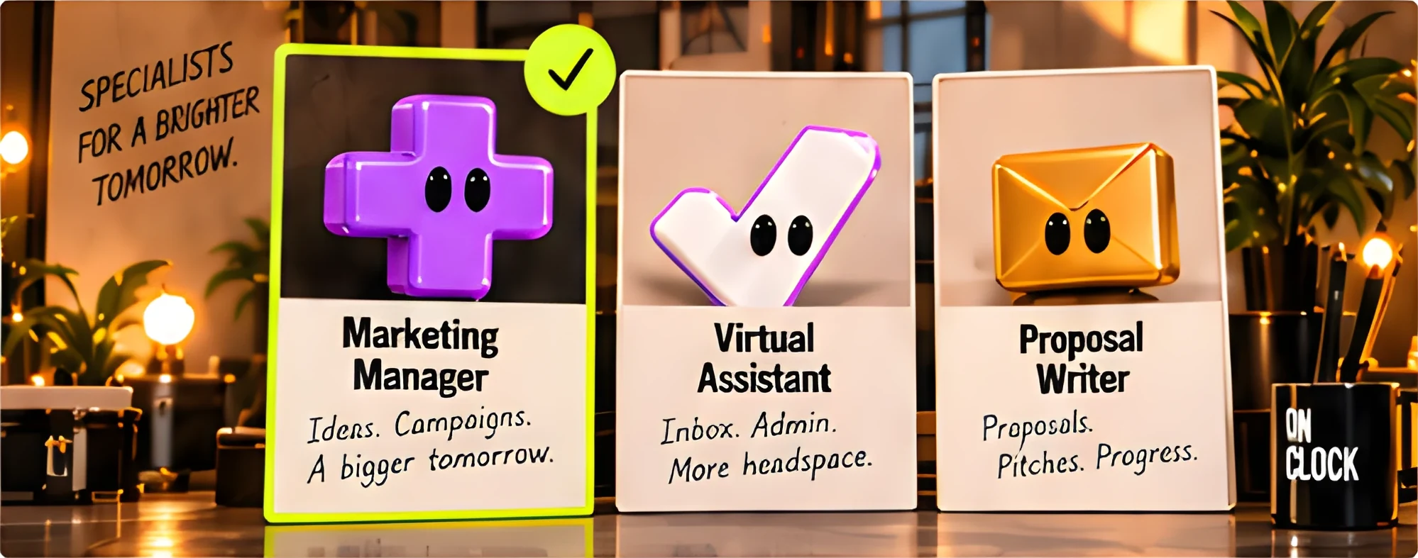 Three specialist figures on plinths in a warm studio: a purple cross labelled Marketing Manager — ideas, campaigns, a bigger tomorrow; a white tick labelled Virtual Assistant — inbox, admin, more headspace; and a gold envelope labelled Proposal Writer — proposals, pitches, progress. The Marketing Manager card is ticked. A sign behind reads “Specialists for a brighter tomorrow.”