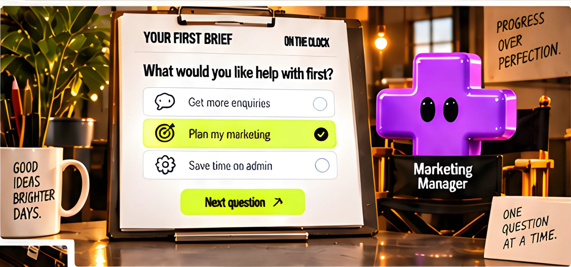 A tablet on a desk showing a form headed “Your first brief — What would you like help with first?” with the options Get more enquiries, Plan my marketing and Save time on admin, and a Next question button. A purple cross character labelled Marketing Manager stands beside it, with cards reading “Progress over perfection” and “One question at a time.”
