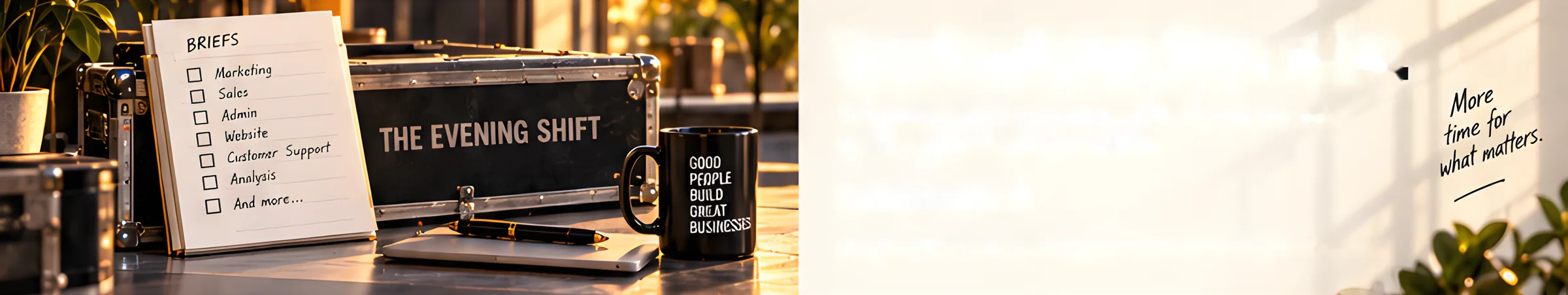 A desk at golden hour: a briefs checklist, a flight case stencilled The Evening Shift, and a mug reading good people build great businesses.