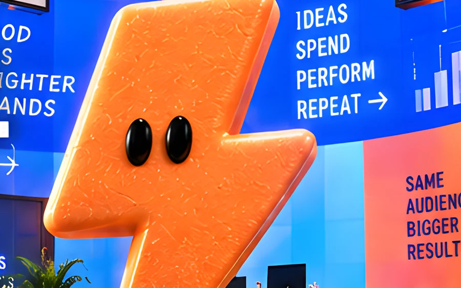 The orange lightning-bolt character in front of a screen reading "Ideas, spend, perform, repeat".