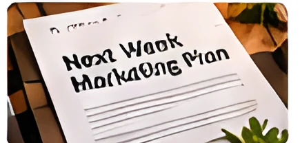 A printed marketing plan lying on a desk.
