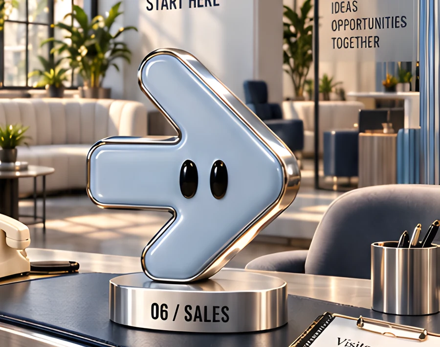 The pale blue arrow character on a desk plinth labelled 06 / Sales, in a bright open-plan office.
