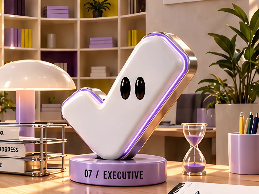 The white tick character on a plinth labelled 07 / Executive, beside an hourglass and a desk lamp.