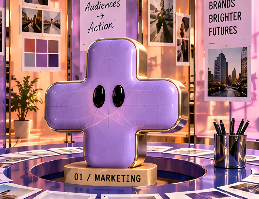 The lilac cross character on a plinth labelled 01 / Marketing, in a pink-lit studio hung with brand boards.